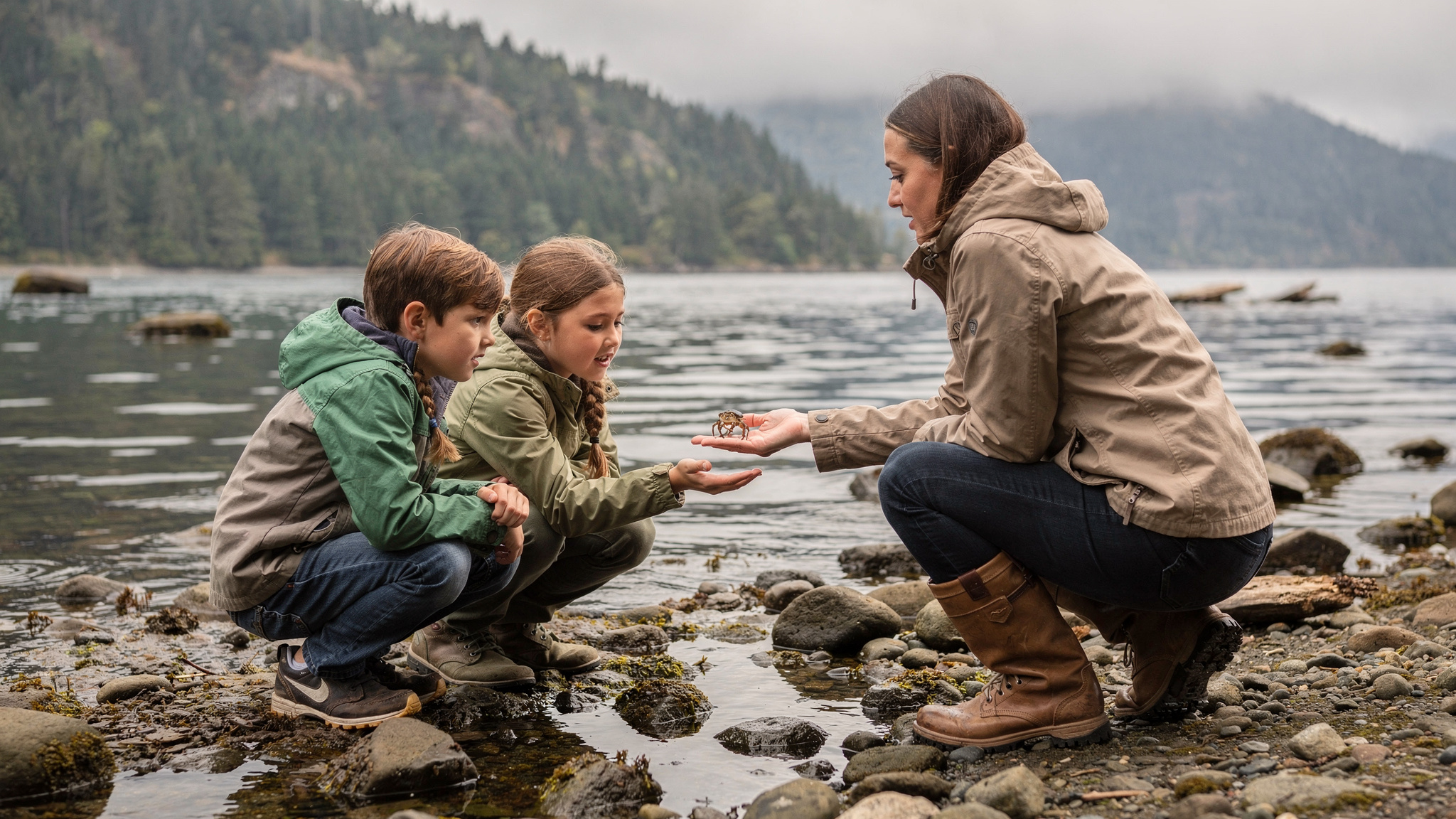Mother and two children crouched at a rocky Port Moody shoreline examining a small crab
