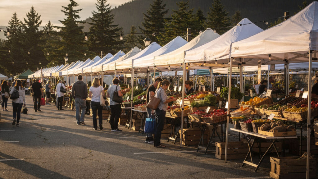 Rows of vendor tents and fresh produce at the Port Moody Farmers Market