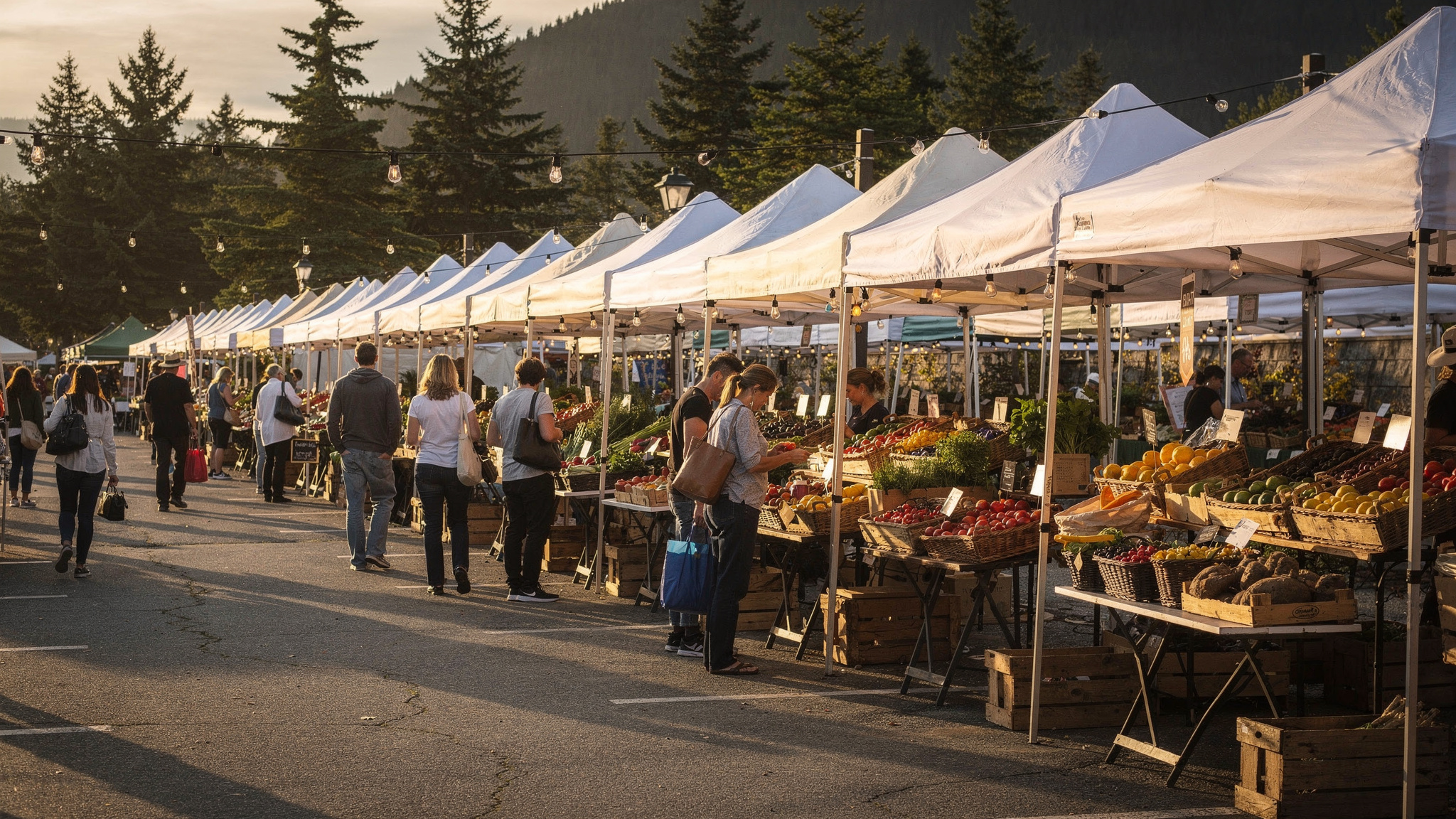 Rows of vendor tents and fresh produce at the Port Moody Farmers Market
