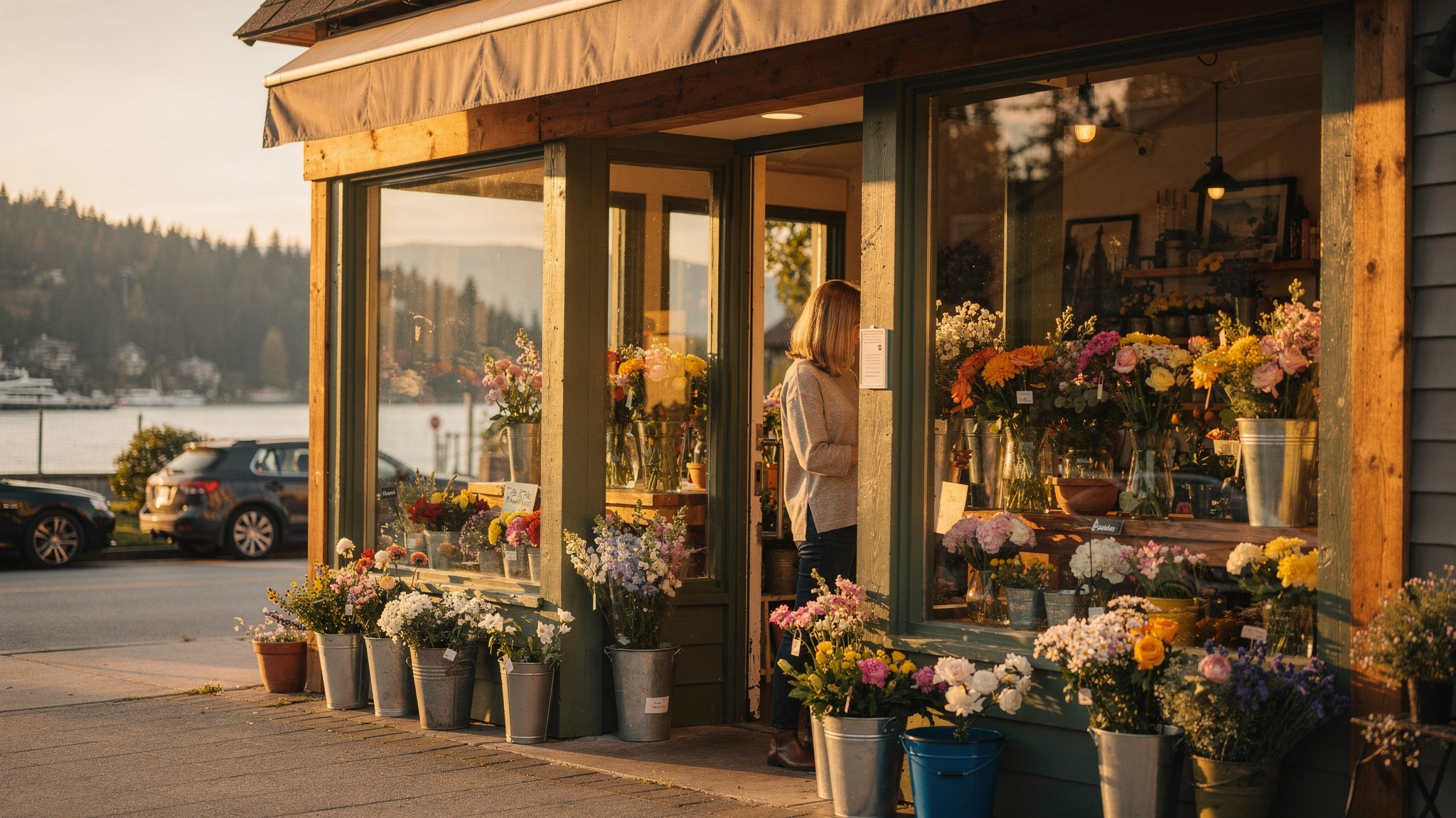 Port Moody flower shop storefront at golden hour with Burrard Inlet in the background