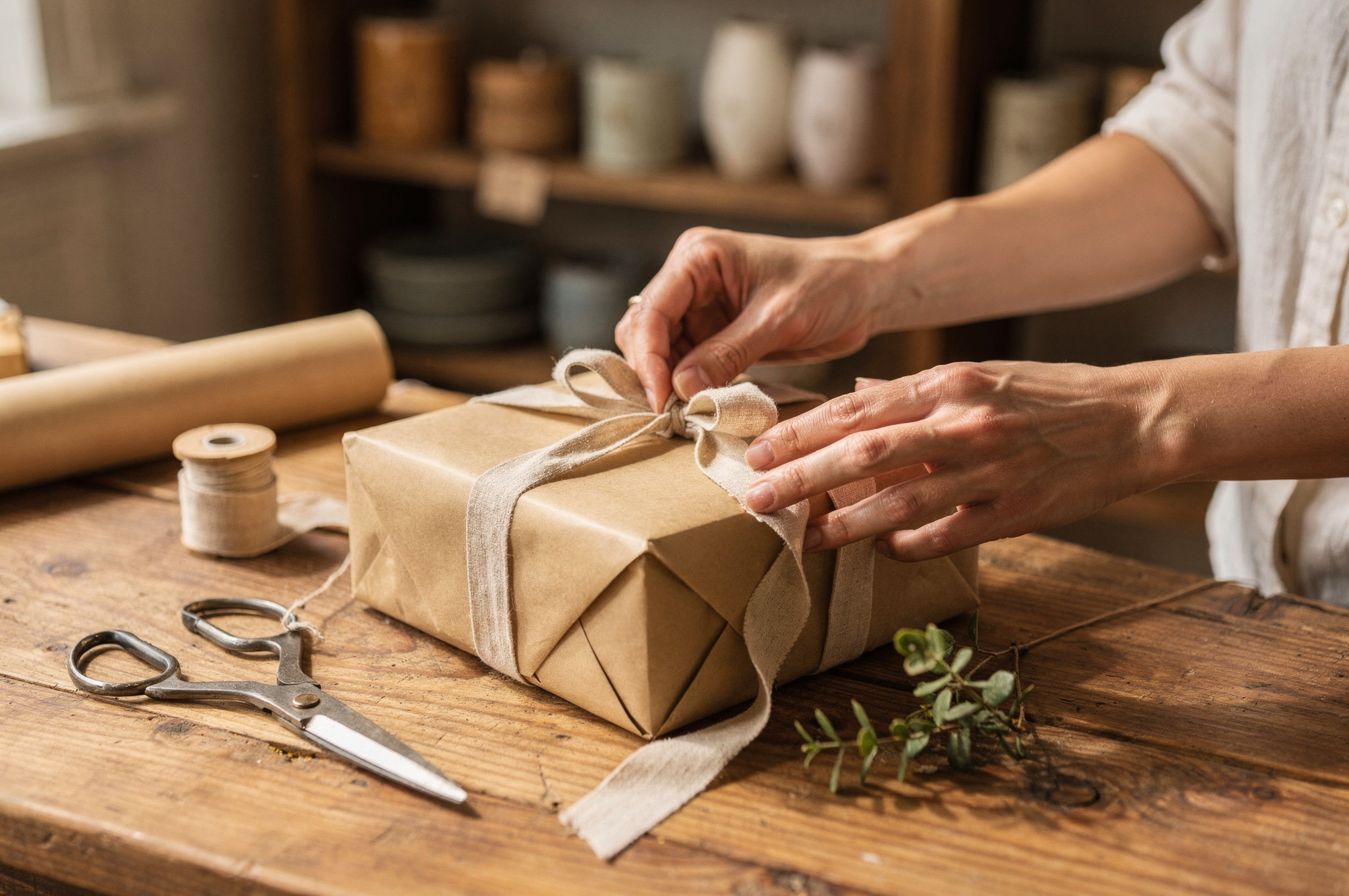 Hands wrapping a gift box with kraft paper and ribbon on a wooden counter