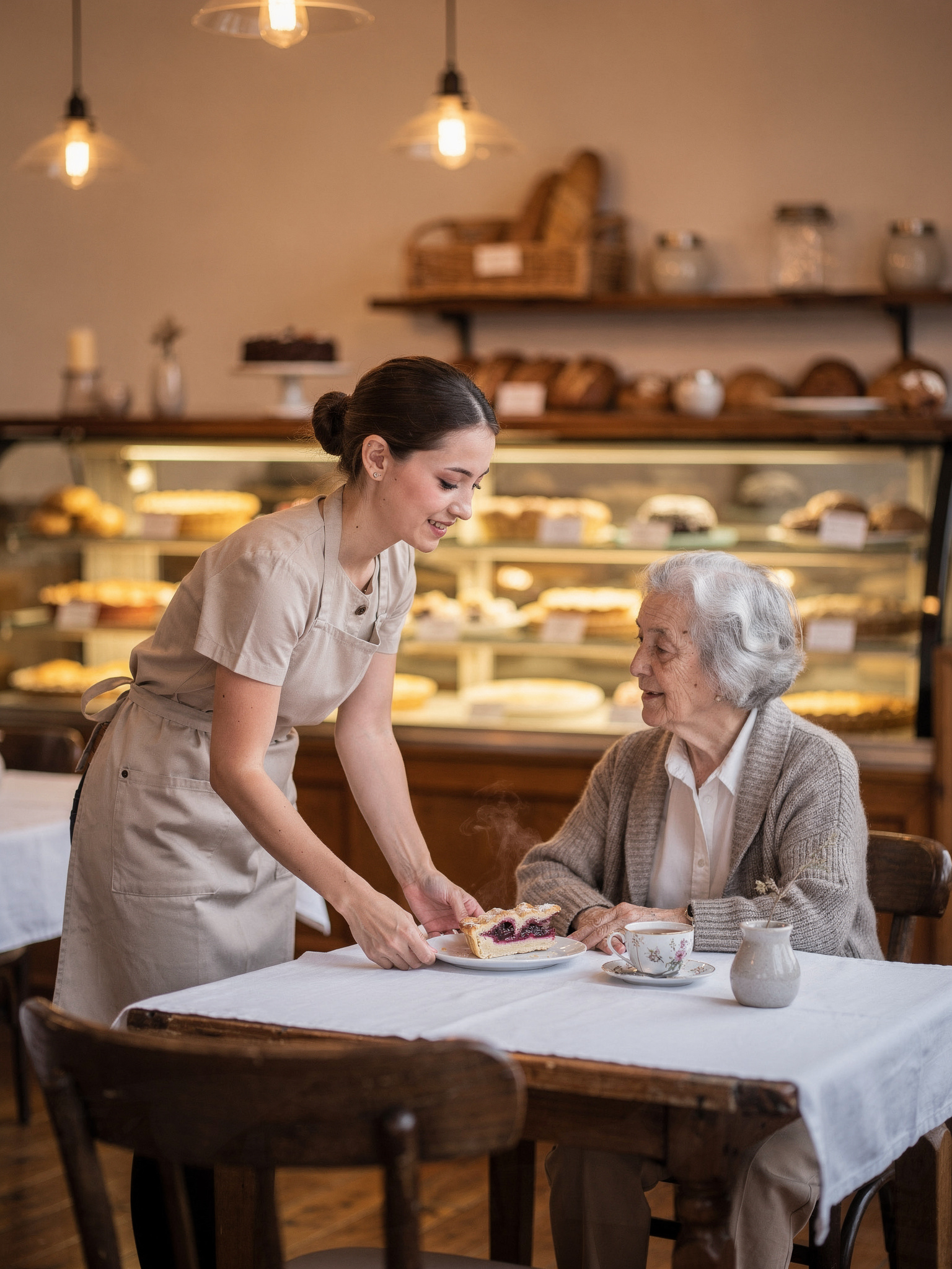 local restaurant server assisting elderly diner at table in Port Moody