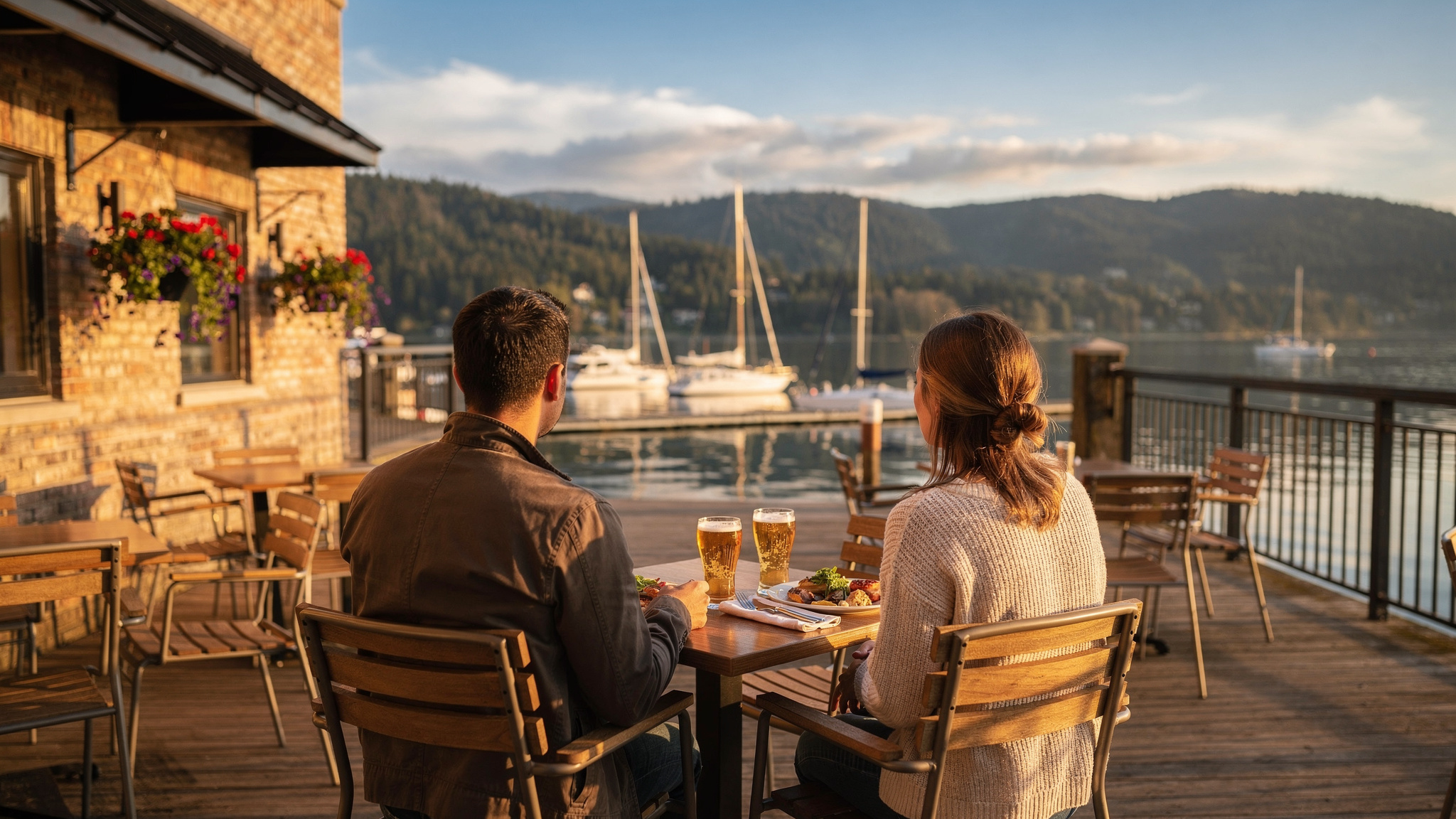 Port Moody BC waterfront patio dining with marina and mountain view