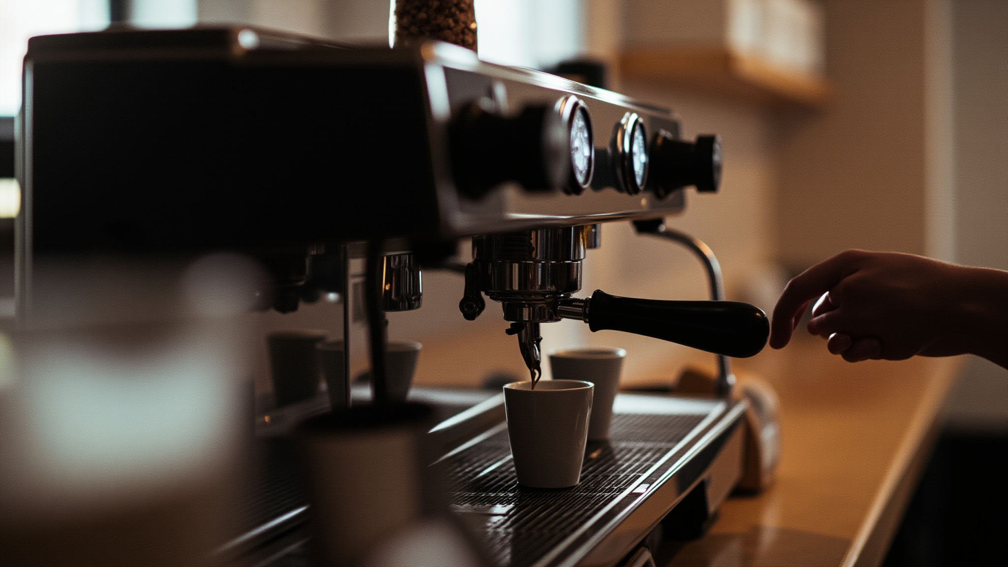 Close-up of an espresso shot being pulled at a Port Moody coffee shop counter