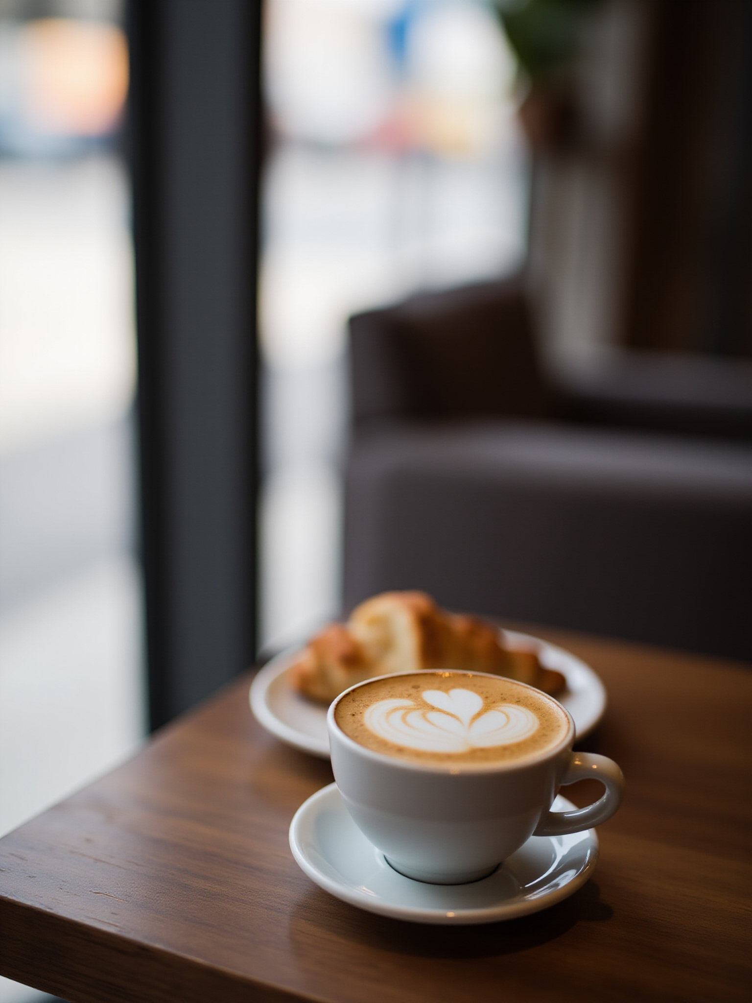 A flat white and croissant on a Moody Centre cafe table