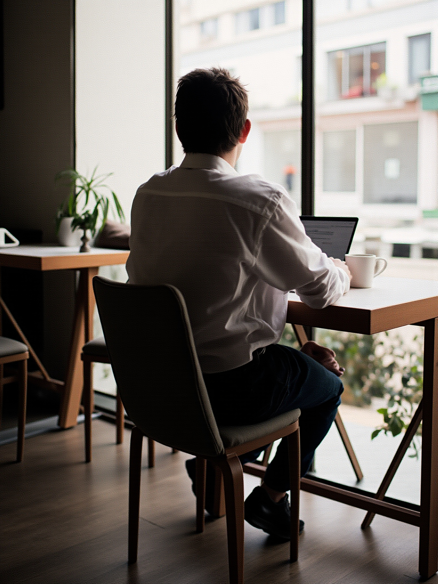 A laptop worker at a window table in a Port Moody coffee shop