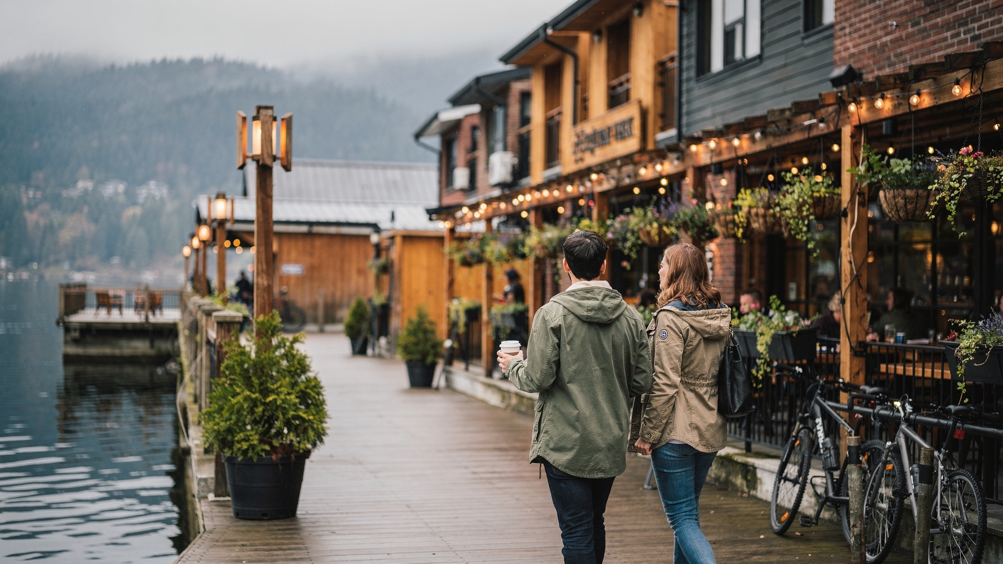 Two friends walking along a Port Moody waterfront boardwalk lined with restaurant patios