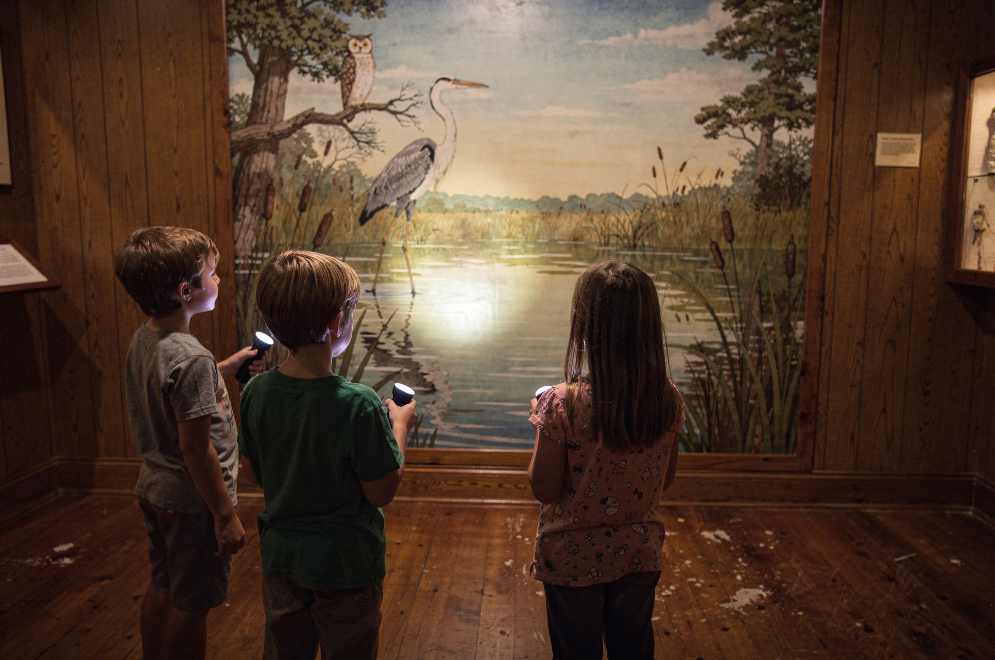 Children with flashlights viewing a wetland wildlife mural inside a local history museum exhibit