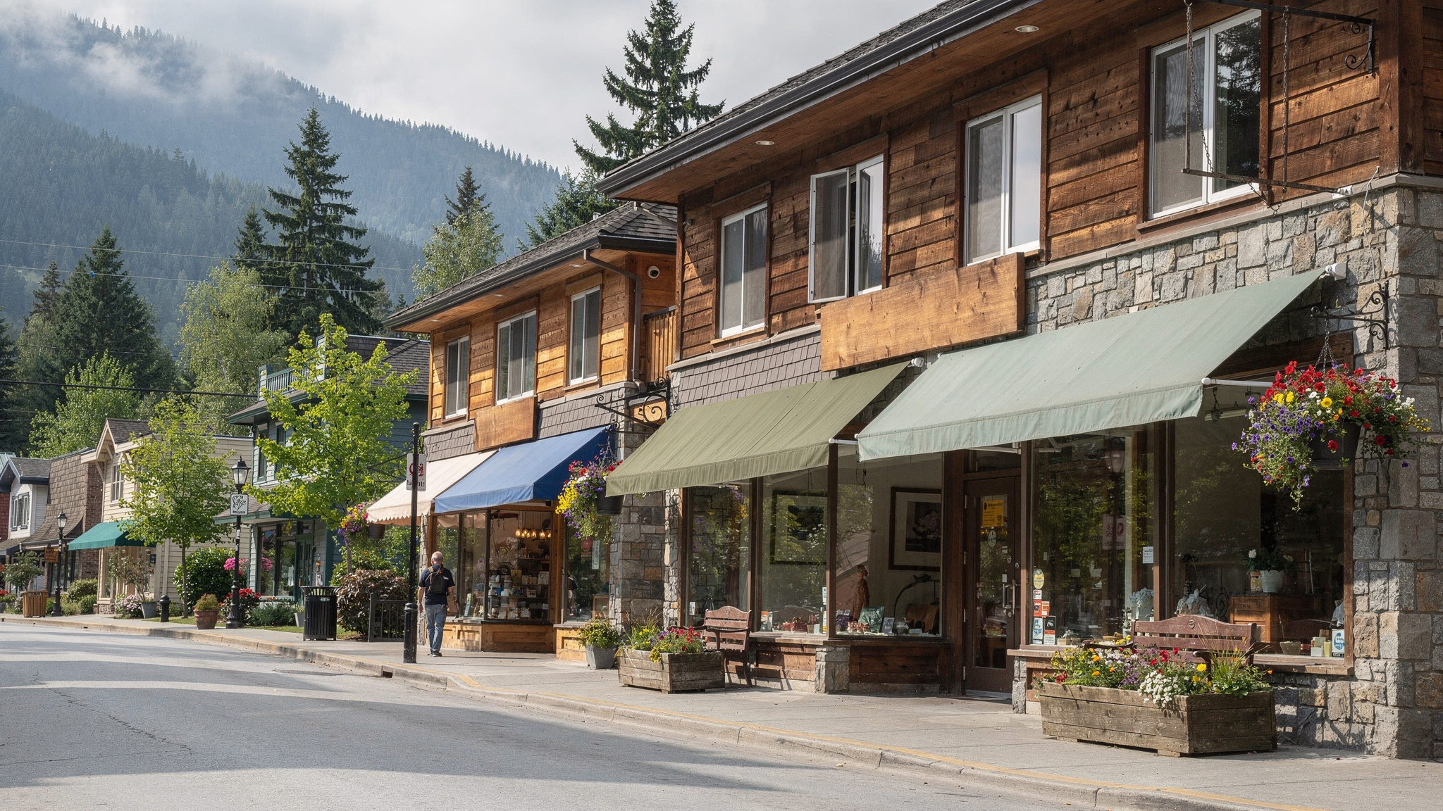 South Port Moody shopping street with independent boutiques and mountain backdrop