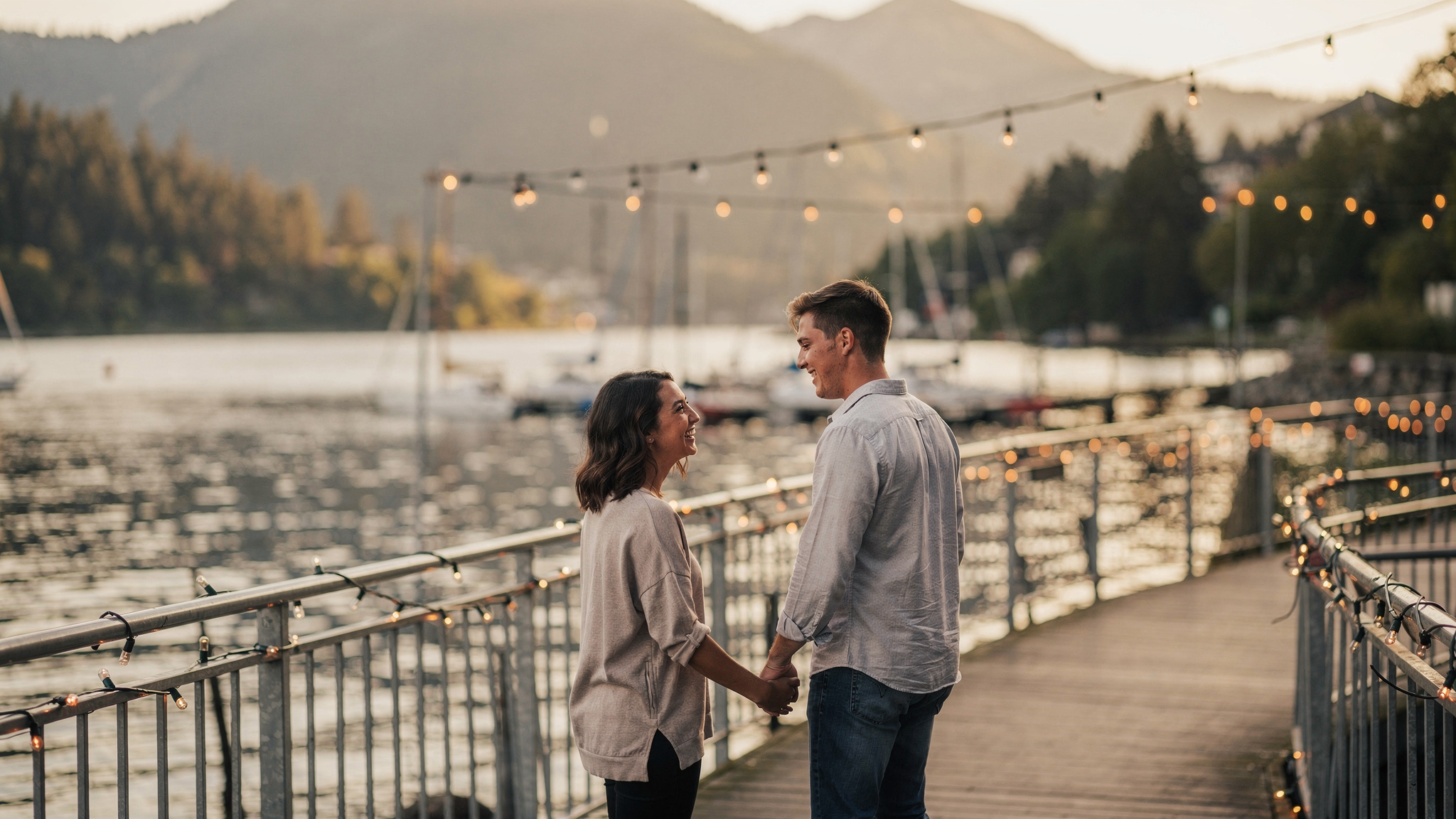 Couple holding hands on a waterfront boardwalk at sunset in Port Moody