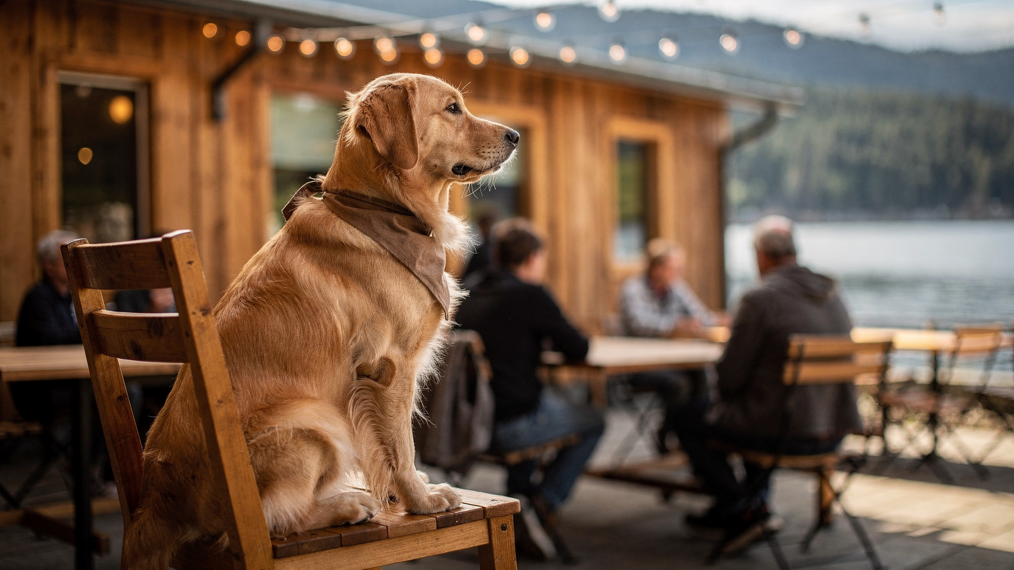 Golden retriever sitting on a chair at a dog-friendly brewery patio in Port Moody