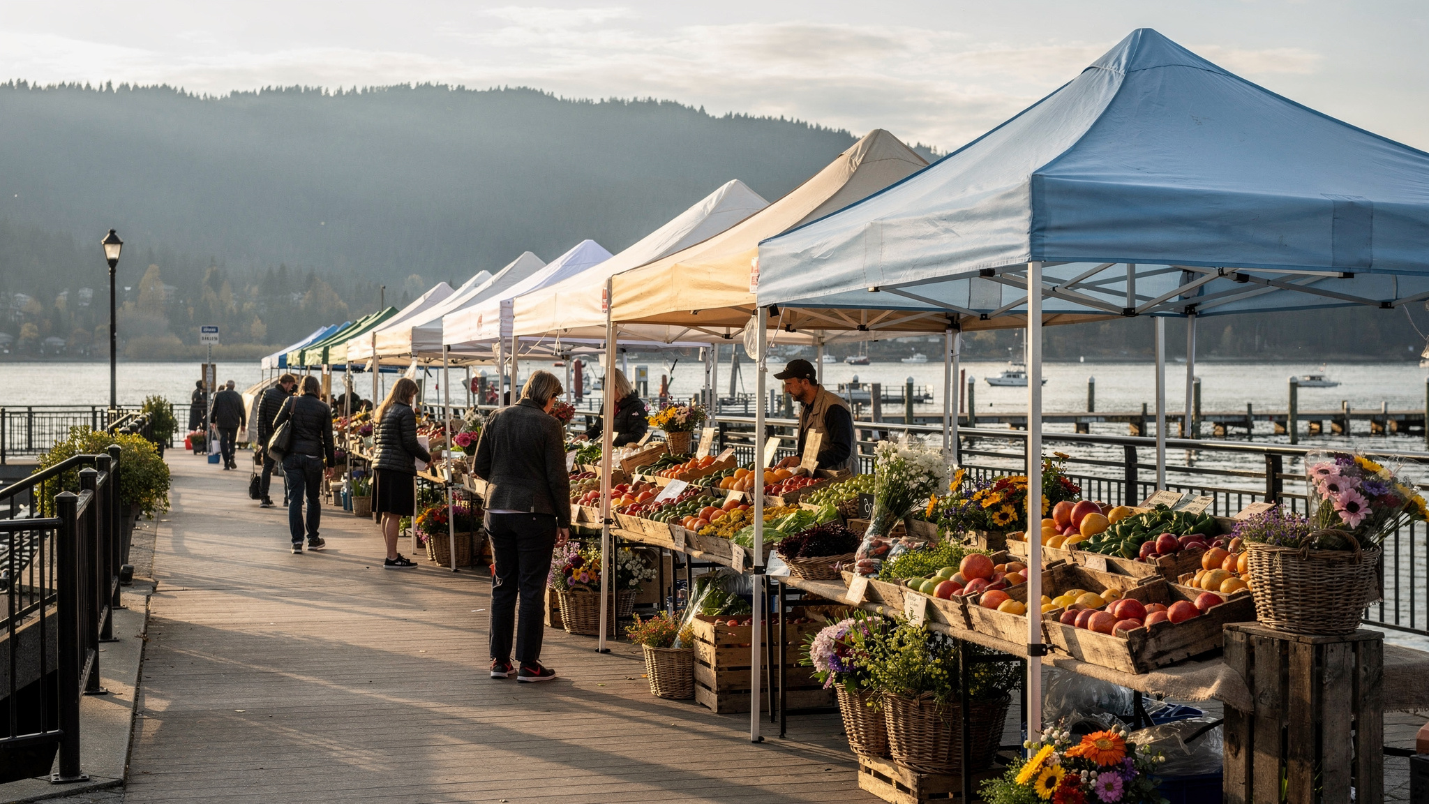 Row of farmers market tents along a Port Moody waterfront boardwalk with fresh produce stalls