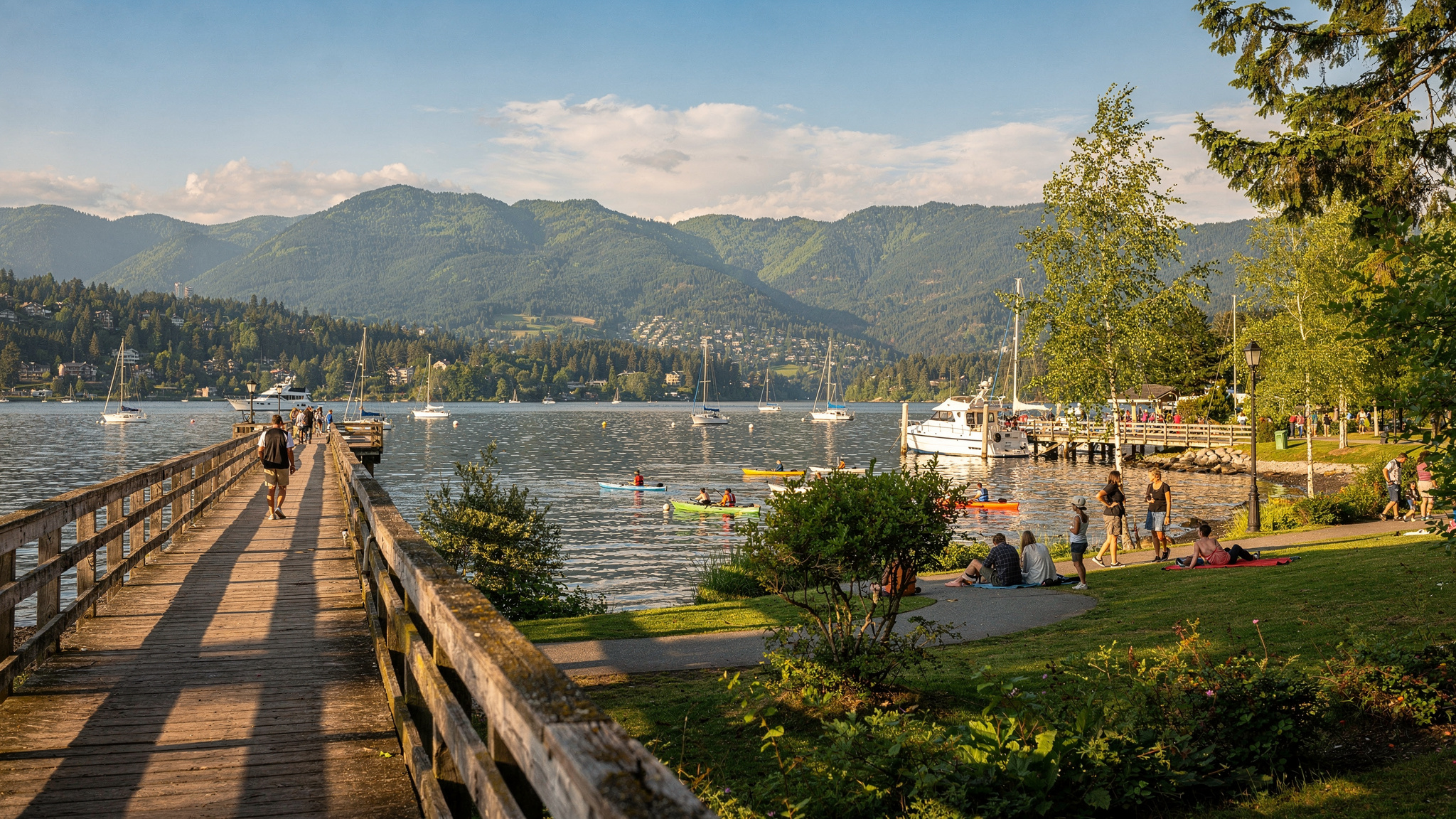 Rocky Point Park pier and waterfront with people walking, kayaking, and relaxing near the water in Port Moody