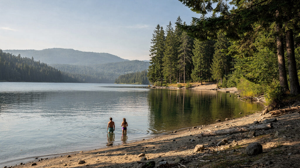 Sasamat Lake shoreline near Port Moody with people wading in warm water