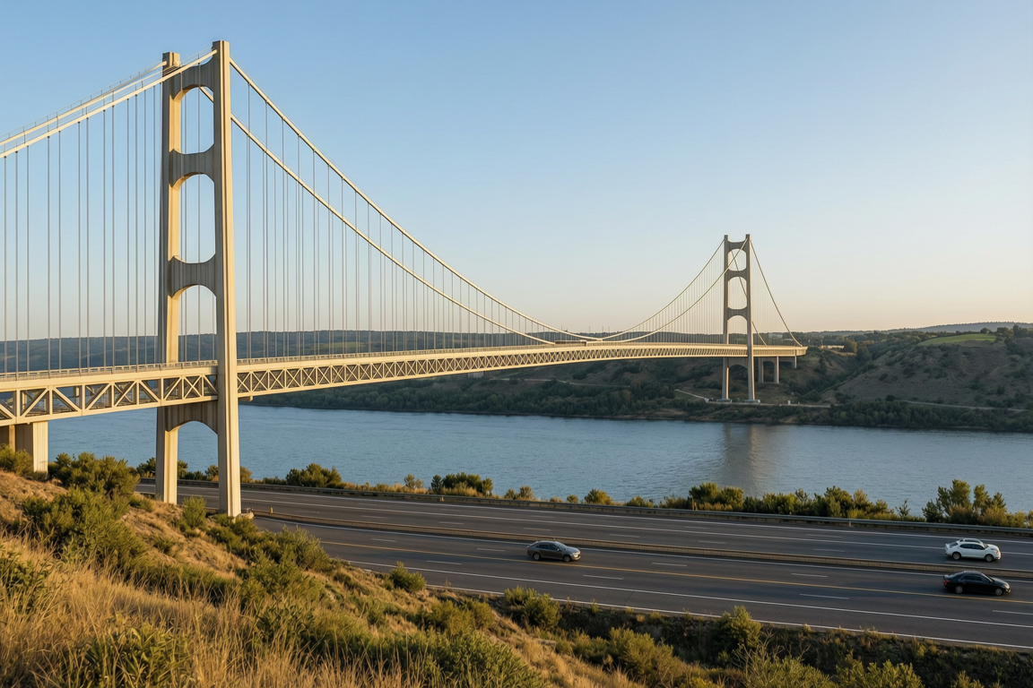 suspension bridge over highway local landscape view